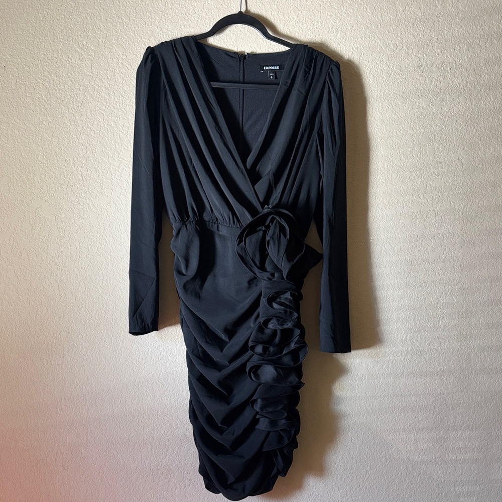 Express Black Long Sleeve Ruched Dress